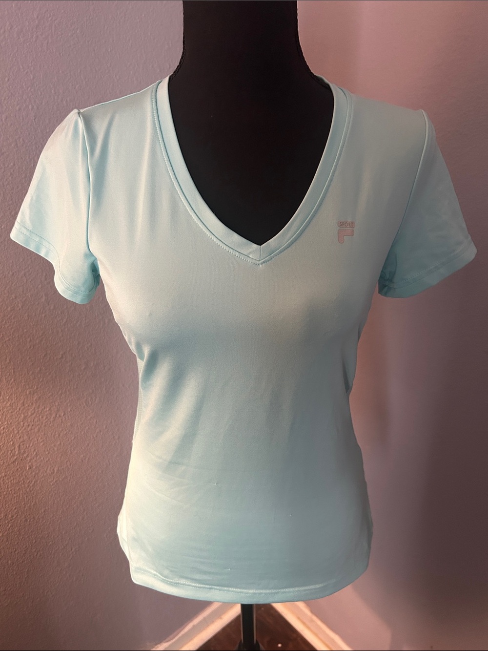 Fila Women V-Neck Short Sleeve Tee Light Aqua Size Small
